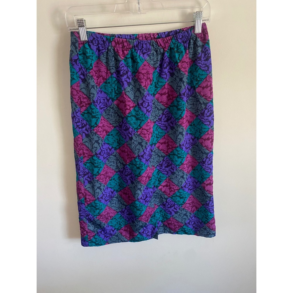 Vintage Marie St Floral Harlequin Midi Skirt Teal Purple Jewel Tone 80s USA 6 - Picture 3 of 7